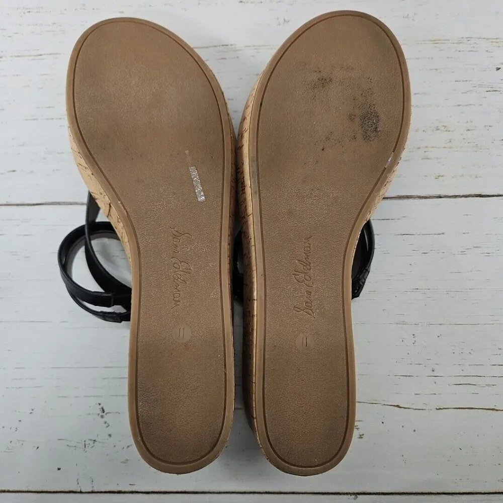 Sam‎ Edelman Sandals Womens 11 Black Rasha Comfort Strappy Cork Wedge Slip On